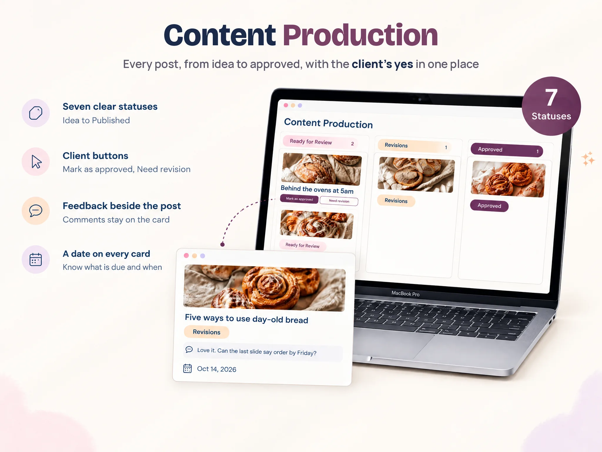 Notion SMM Portal content production capture showing a client content calendar and post status cards