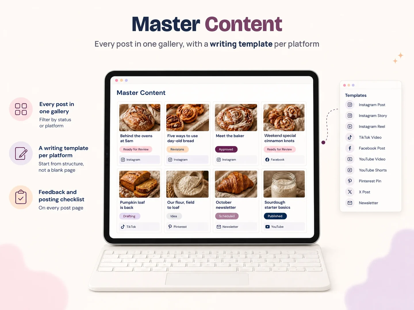 Master content view with platform-specific posts and status fields
